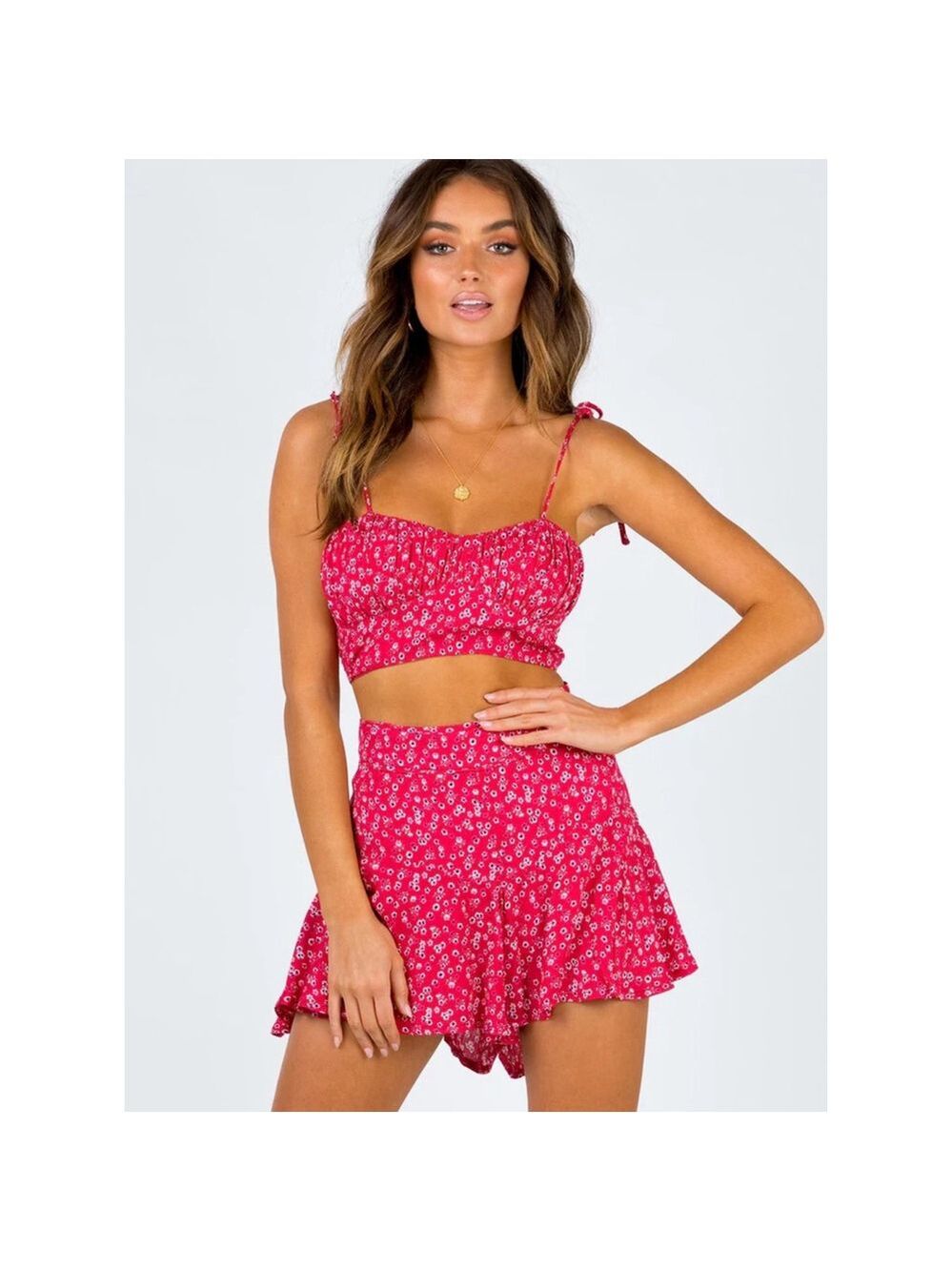 Princess Polly Pink White Floral Crop Top & Shorts Two-Piece Carly Set Red